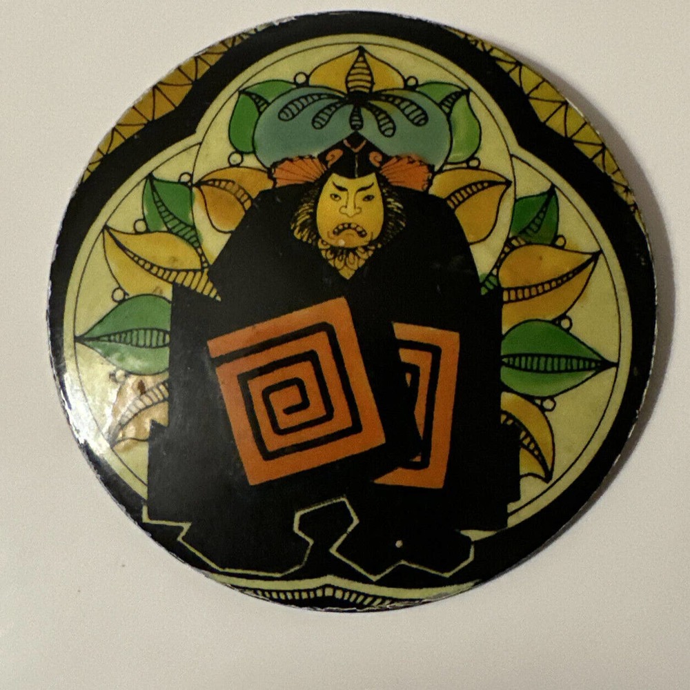 West Lacquer Pin Brooch Hand Painted Black Wood Japanese Warrior Signed Oriental